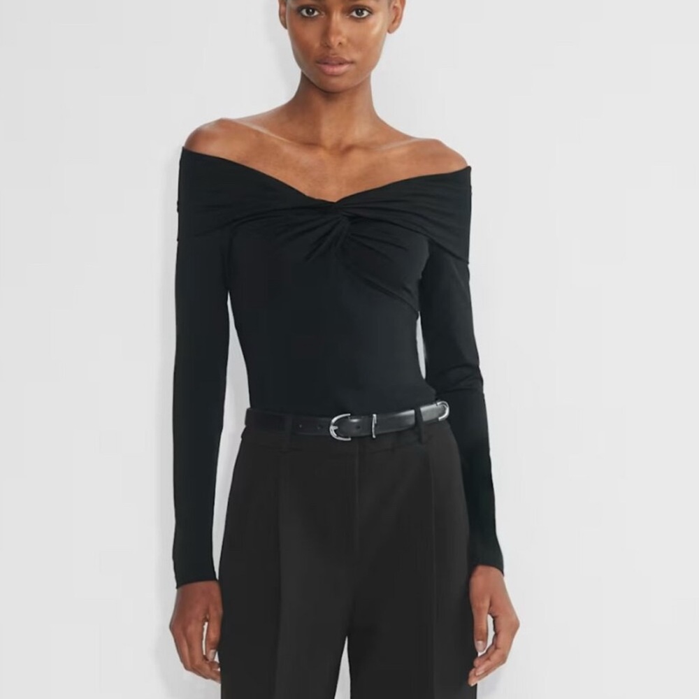 Aritzia Black Off-Shoulder Twist-Front Long Sleeve Top